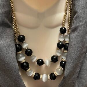 Talbots Elegant Black and White Beaded Cats Eye Two Stranded Necklace Gold Tone